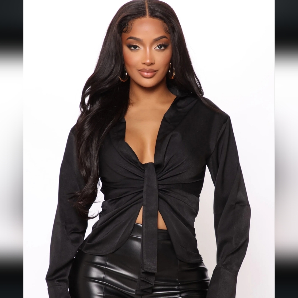 NEW SMALL Sexy Crop Satin Blouse Runched Bow V Neck